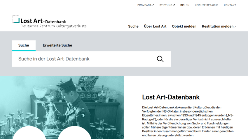 Lost Art-Datenbank homepage with search bar and description of documenting cultural assets lost during NS dictatorship