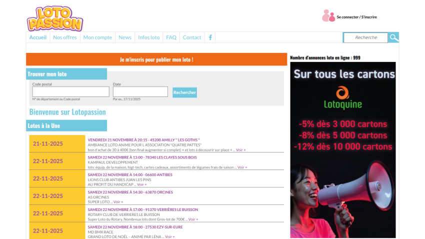 Loto Passion homepage with navigation, search form for lottery by postal code and date, and list of upcoming lottery events.