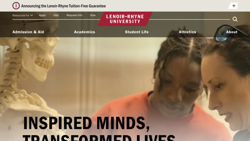 Leon-Rhyne University homepage with navigation and headline 'Inspired Minds, Transformed Lives'