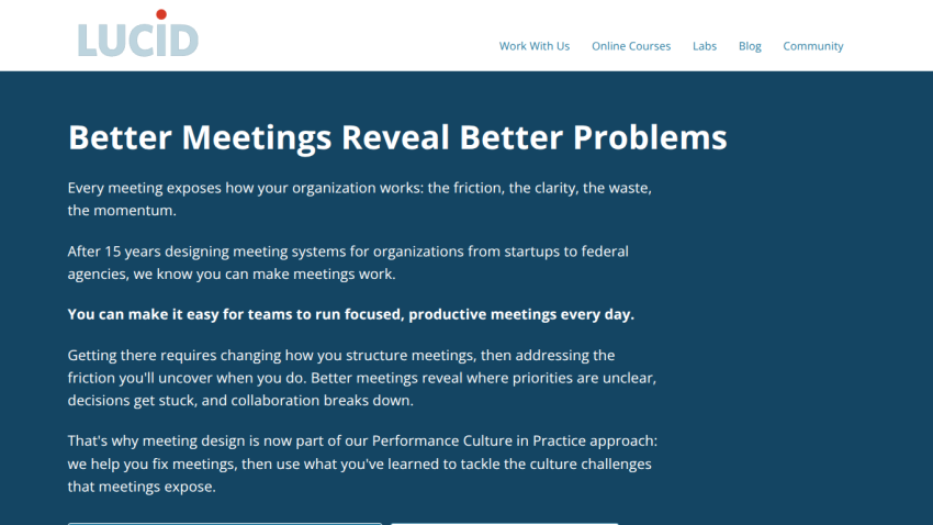 Lucid website homepage promoting better meetings with clear navigation links and detailed introductory text