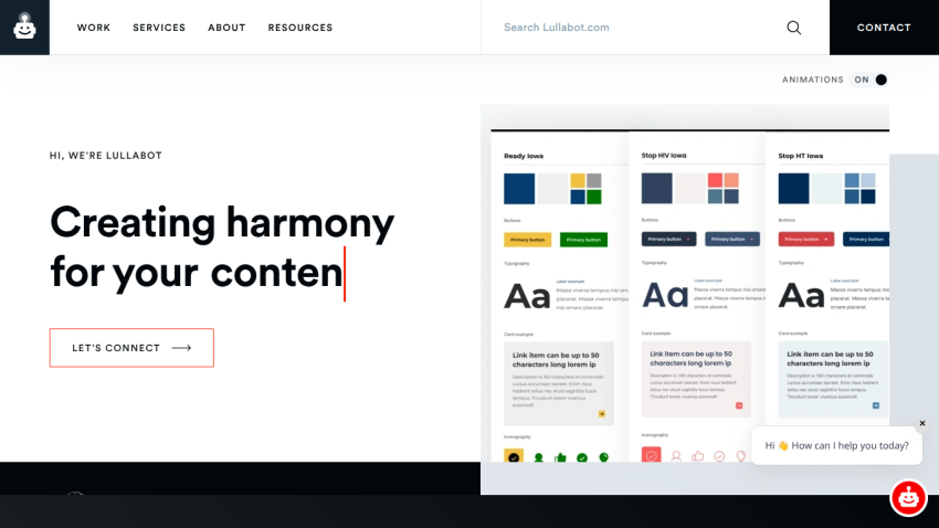 Lullabot homepage with navigation and hero text 'Creating harmony for your content' plus a call to action button