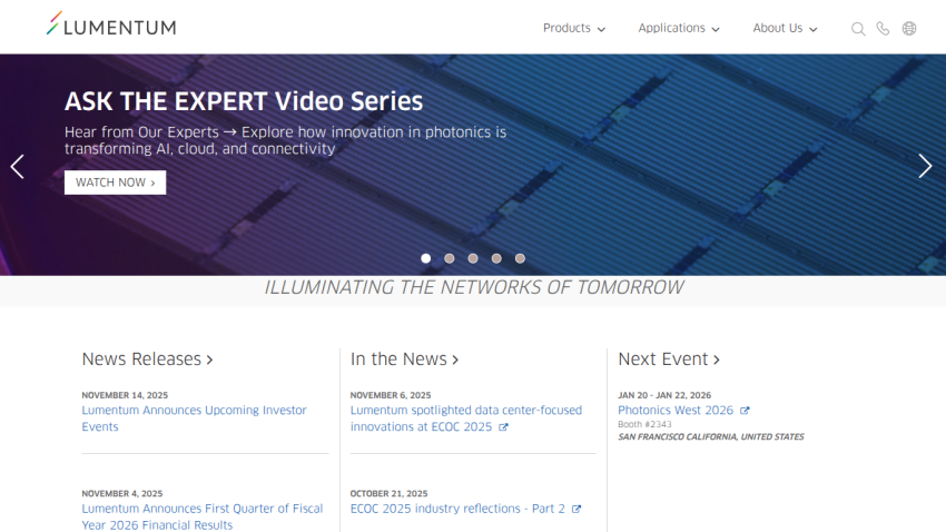 Lumentum website featuring ASK THE EXPERT Video Series and sections for News Releases, In the News, and Next Event
