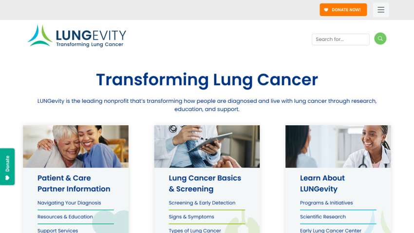 LUNGevity homepage with sections on patient information, lung cancer basics, and organization details