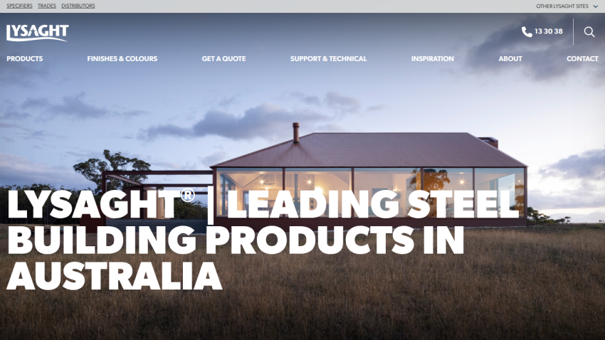 Lysaght website showcasing leading steel building products in Australia with a modern house in the background