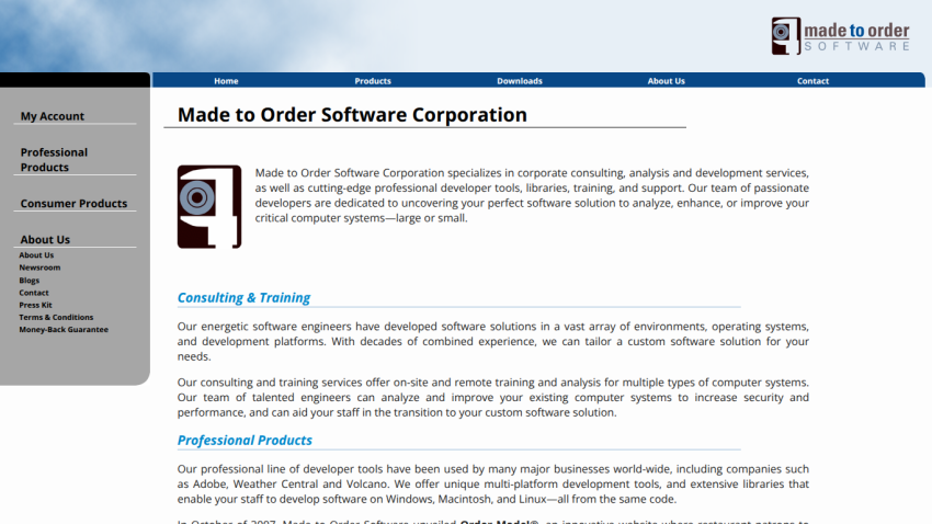 Made to Order Software Corporation homepage with navigation and company description of consulting, training, and developer tools