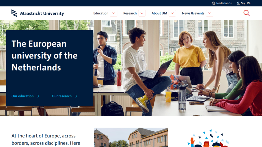 Maastricht University homepage featuring students collaborating and key information about the university.