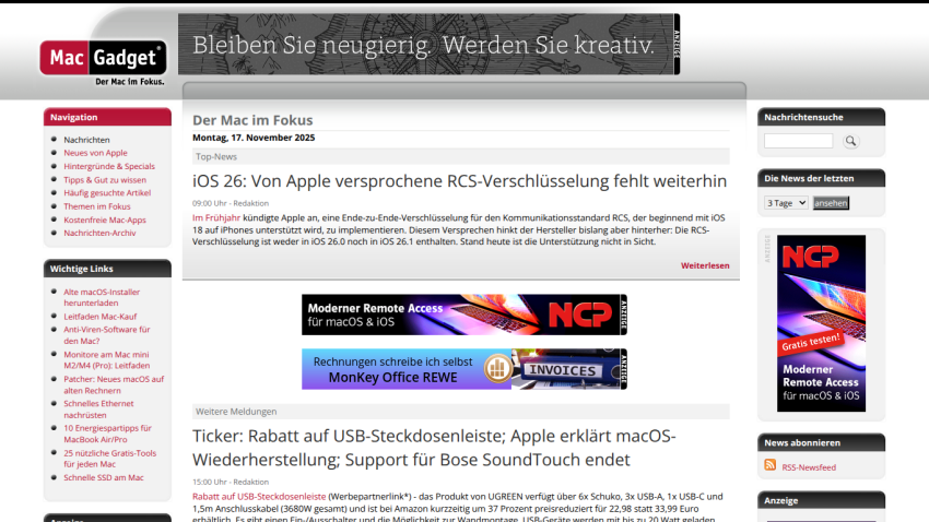 Mac Gadget website with news on iOS 26 RCS encryption and Mac-related articles dated 17 November 2025