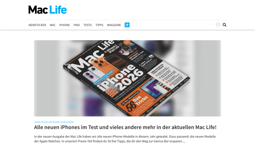 Mac Life website showing navigation and a hero image of the Mac Life magazine cover featuring iPhone 13 and iPhone 12 Pro