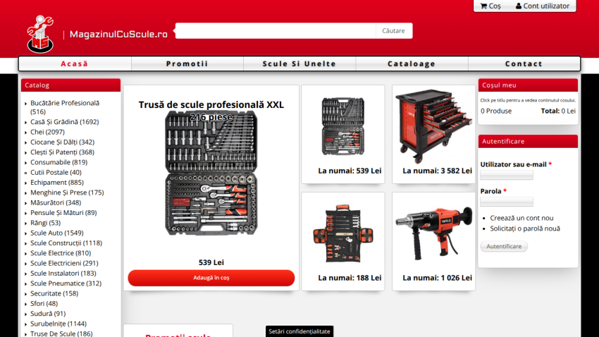 Online tool store homepage featuring professional tool sets with prices and login section
