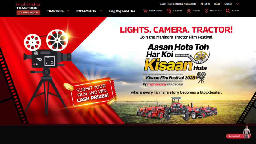 Mahindra Tractors website promoting the Kisaan Film Festival 2025 with a call to submit films and win cash prizes, showing tractors and film camera graphics.