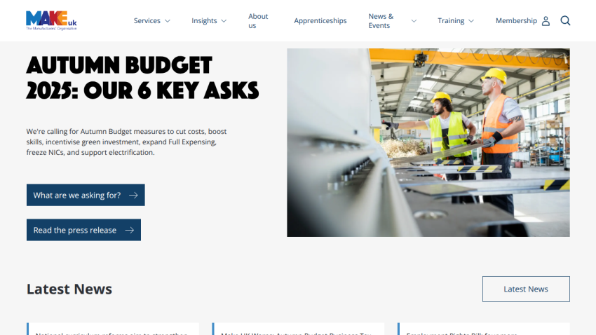 Make UK homepage highlighting Autumn Budget 2025 key asks with call-to-action buttons and image of workers in a factory