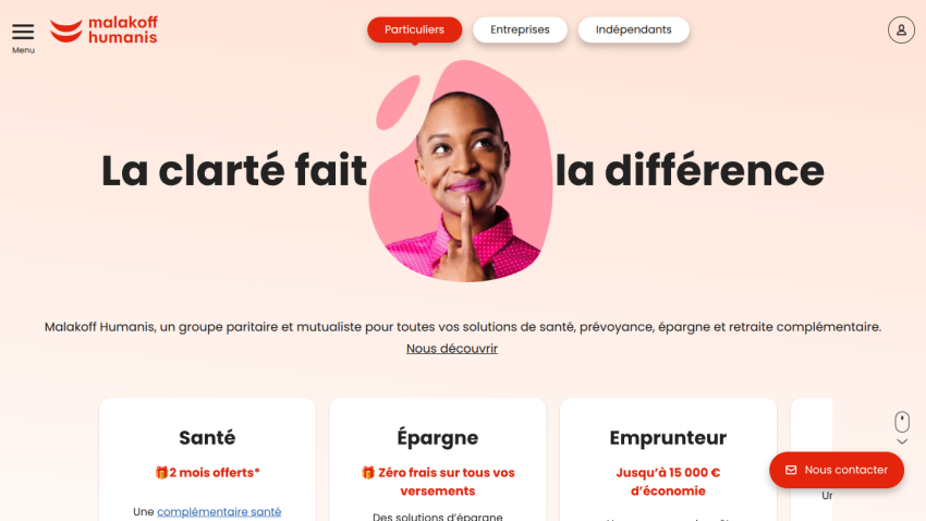 Homepage featuring a smiling woman with the text 'La clarté fait la différence' and service options below.