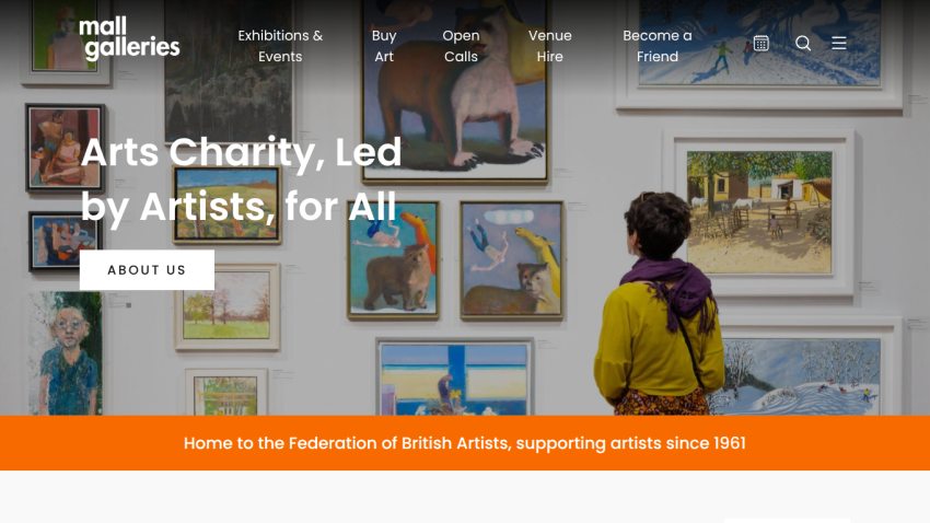 Mall Galleries homepage with navigation and headline 'Arts Charity, Led by Artists, for All' over gallery wall background