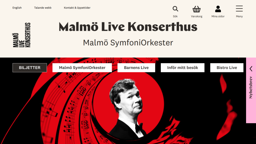 Malmö Live Konserthus website header with navigation and a hero image featuring Malmö SymfoniOrkester.