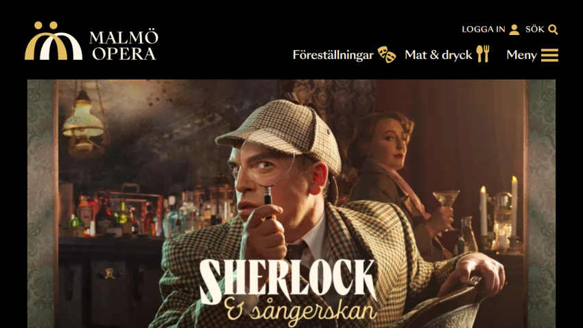 Malmö Opera website header with navigation and hero image promoting Sherlock & sångerskan performance