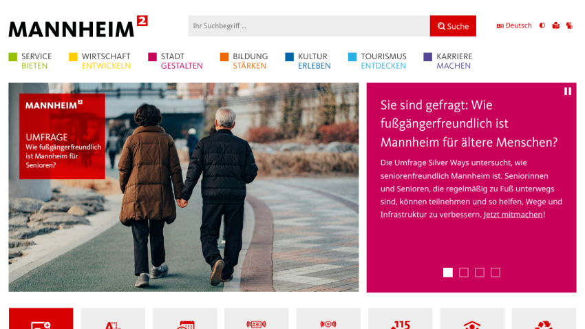 Website for Mannheim featuring a couple walking, with a highlighted section on accessibility for seniors.