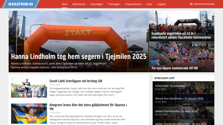 Marathon.se homepage with news on Tjejmilen 2025 winner Hanna Lindholm and upcoming running events.