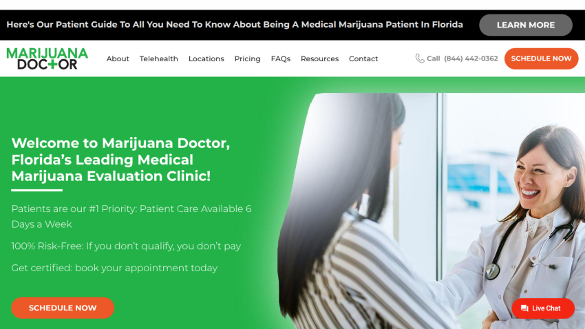 Marijuana Doctor homepage with welcome message, patient care info, and call to action to schedule appointment