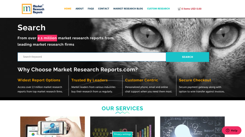 Market Research Reports homepage with search bar and key benefits like widest report options and secure checkout