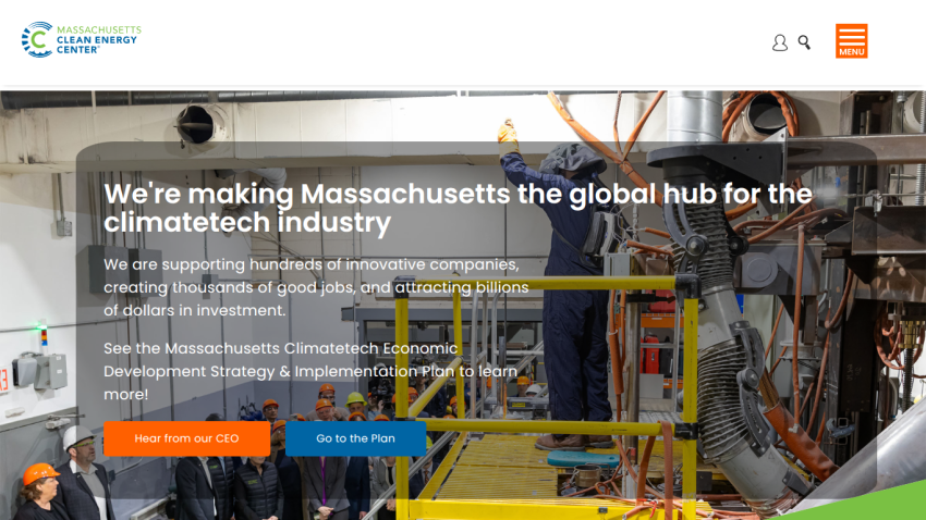 Massachusetts Clean Energy Center promoting Massachusetts as a global hub for the climatetech industry with calls to action to hear from CEO and view the economic development plan