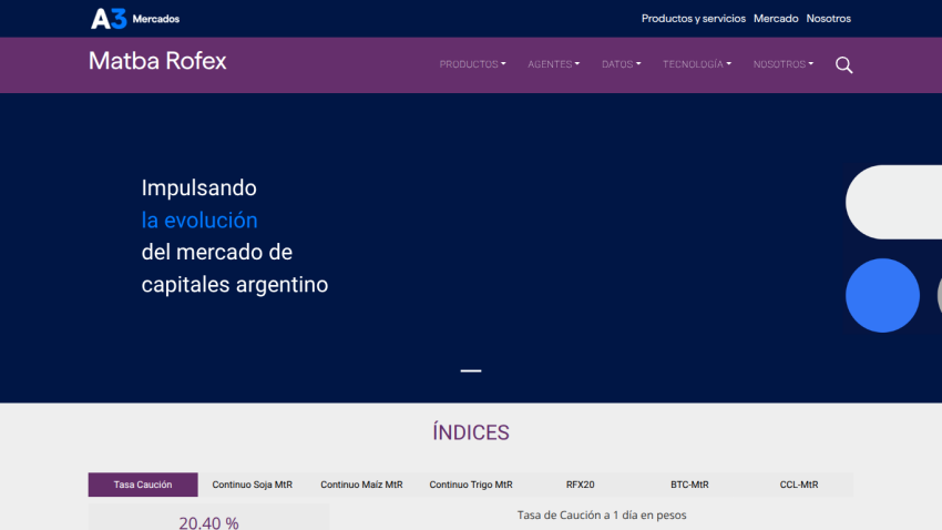 Matba Rofex homepage promoting evolution of Argentine capital market with navigation and index data