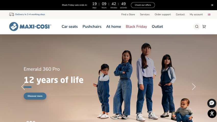 Maxi-Cosi homepage featuring Emerald 360 Pro car seat with slogan '12 years of life' and diverse children models