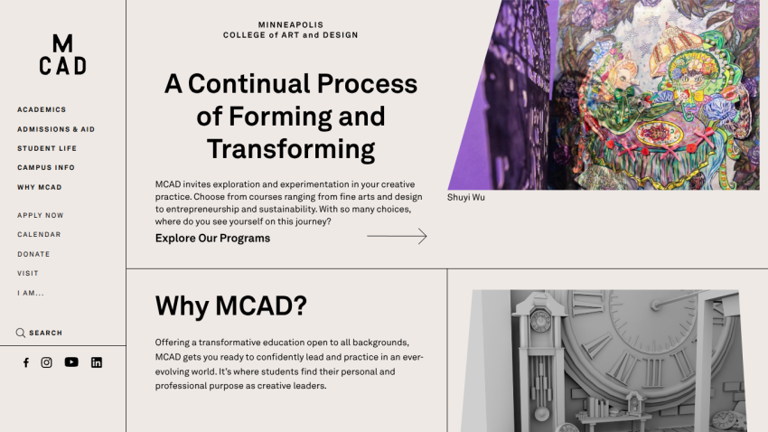 Homepage of MCAD showcasing a colorful artwork and program information.