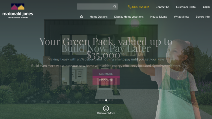 Home building service offering 'Build Now Pay Later' with 5% deposit and no payment until keys, featuring modern house image