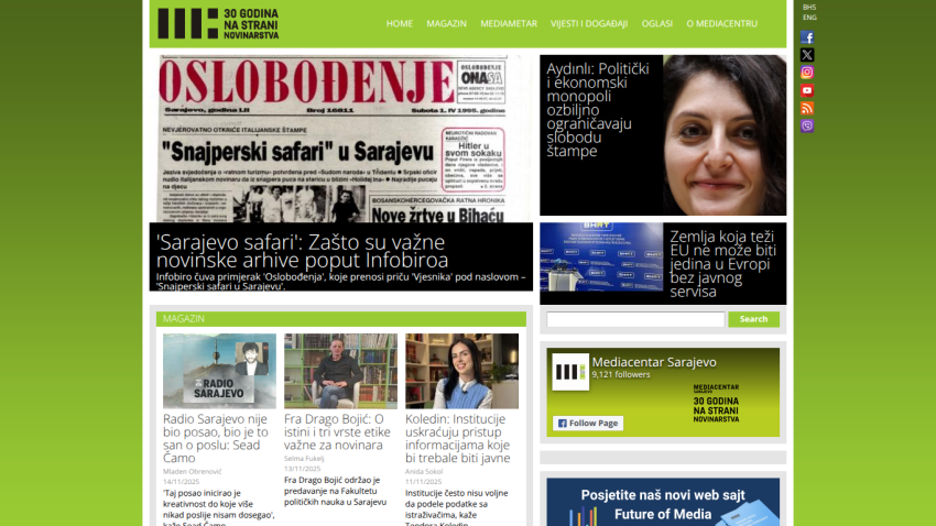 News website with headline about 'Sarajevo safari' and articles on political and media topics, plus navigation menu