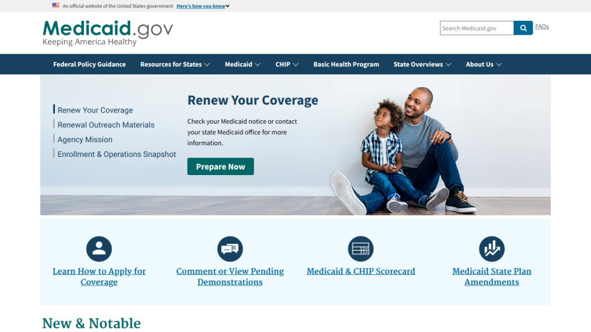 Medicaid.gov homepage featuring coverage renewal and resources for applicants.