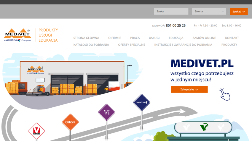 Medivet.pl homepage with navigation menu, contact info, login button, and illustration of warehouse and brand logos