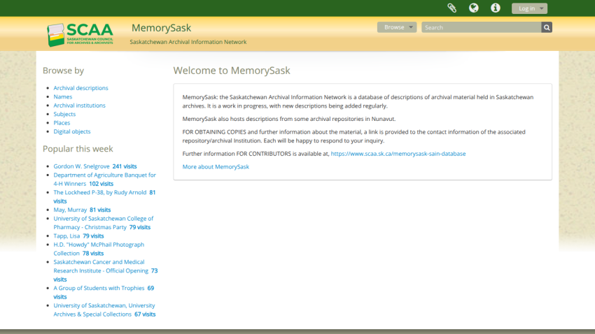 SCAA MemorySask webpage with navigation menu and welcome text describing the MemorySask project