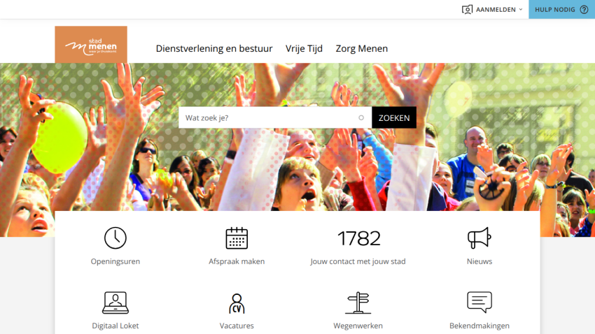 City of Menen website with navigation links, search bar, and icons for services like opening hours, appointments, news, and vacancies
