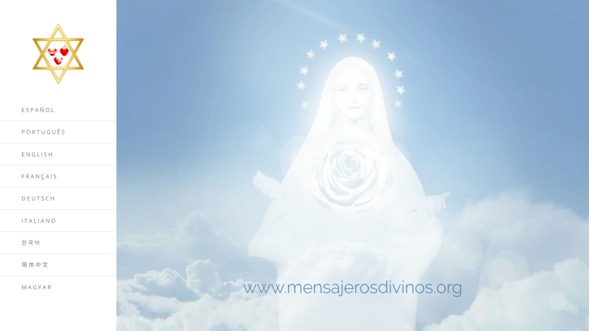 Website homepage with a glowing figure of a woman with a rose and stars, language selection menu on left, and website URL