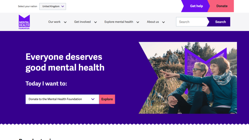 Homepage promoting mental health with options to donate or explore resources.
