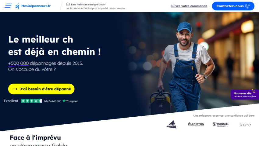 French repair service website with headline about best glazier on the way, call to action button, and technician image.