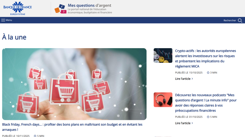 Banque de France financial education portal with featured article on Black Friday budgeting and fraud prevention