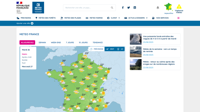 Weather map of France showing various weather conditions across regions.