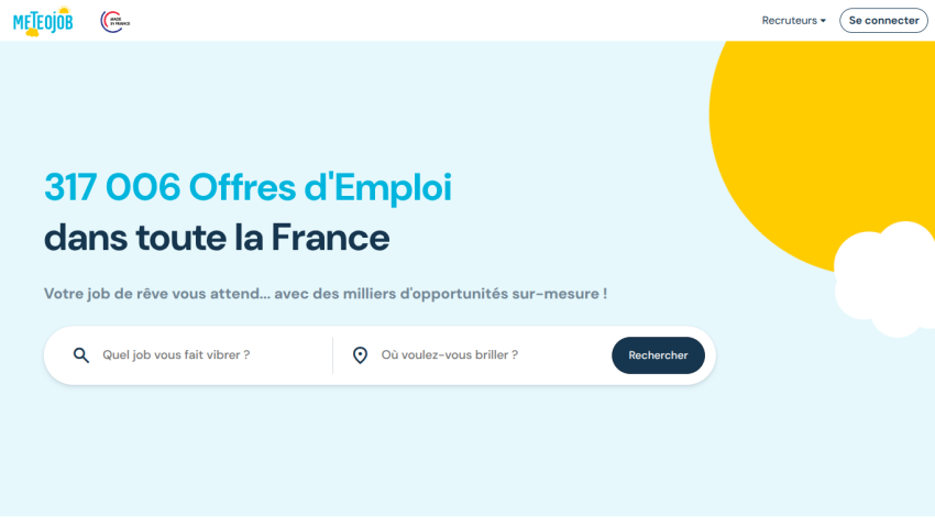 Job search platform displaying job offers in France with a search bar.
