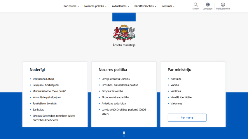 Website homepage featuring sections on policies and ministries with a coat of arms.