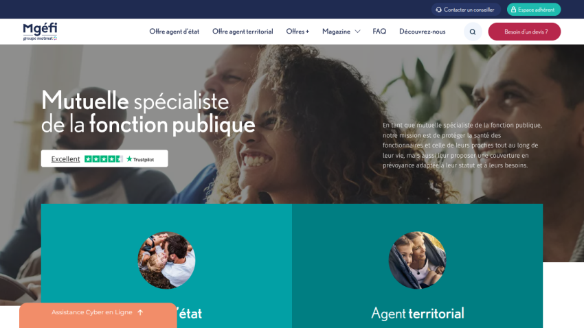 Homepage of Mgéfi, a mutual insurance specialist for public service, with navigation and trust rating