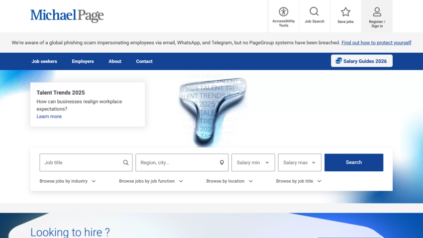 Michael Page job search site with Talent Trends 2025 info and job search form for title, location, and salary