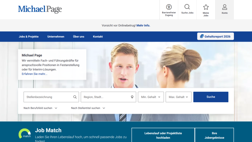 Michael Page job search homepage with navigation, job search form, and job match upload feature