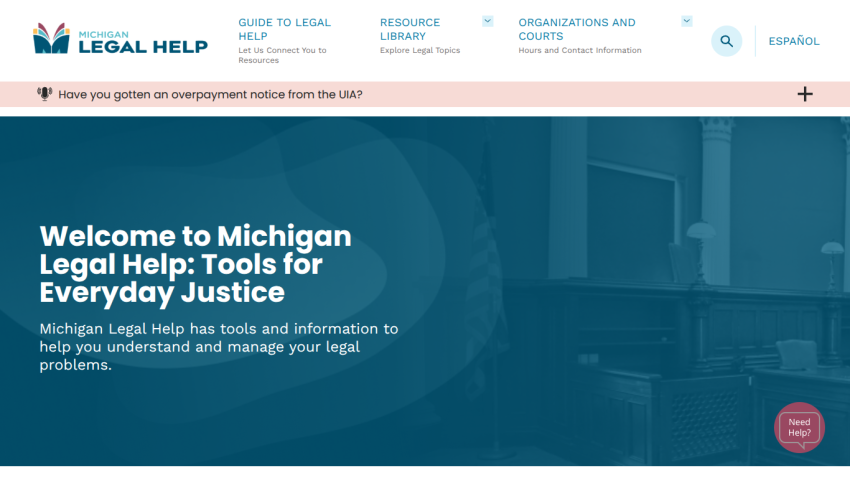 Michigan Legal Help homepage with navigation and welcome message about tools for everyday justice