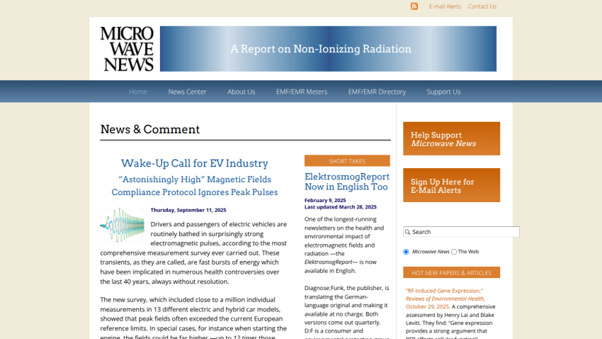 Microwave News homepage with news articles on EV industry magnetic fields and ElektrosmogReport newsletter in English