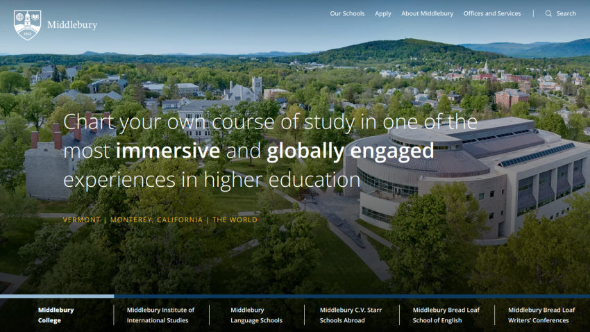 Homepage of Middlebury College highlighting immersive education experiences.