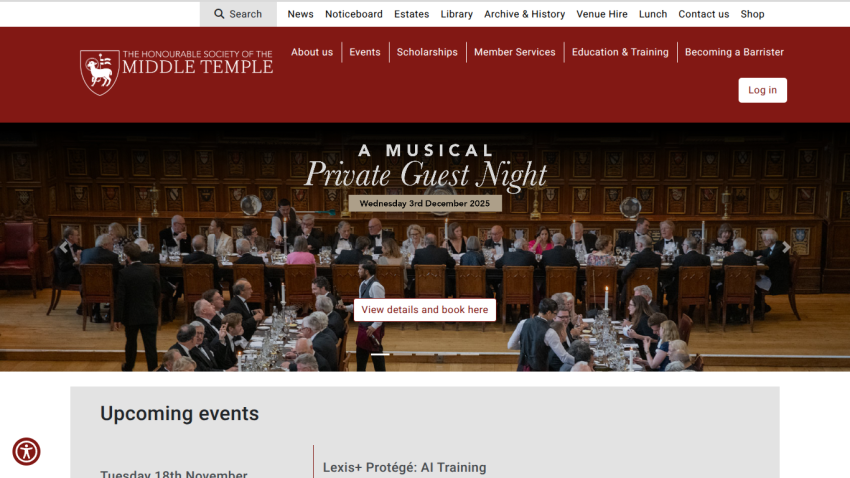 The Honourable Society of the Middle Temple website showing a musical Private Guest Night event on 3rd December 2025 and upcoming events section