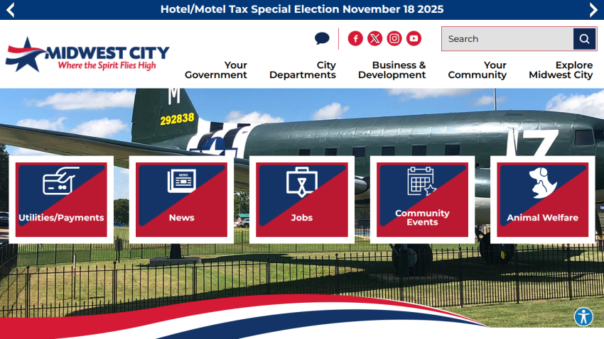 Midwest City government website with navigation links and icons for utilities, news, jobs, events, and animal welfare over a park entrance image
