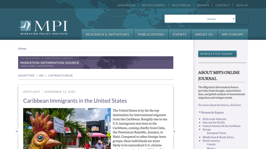 Migration Policy Institute homepage featuring spotlight article on Caribbean immigrants in the United States with navigation and newsletter signup