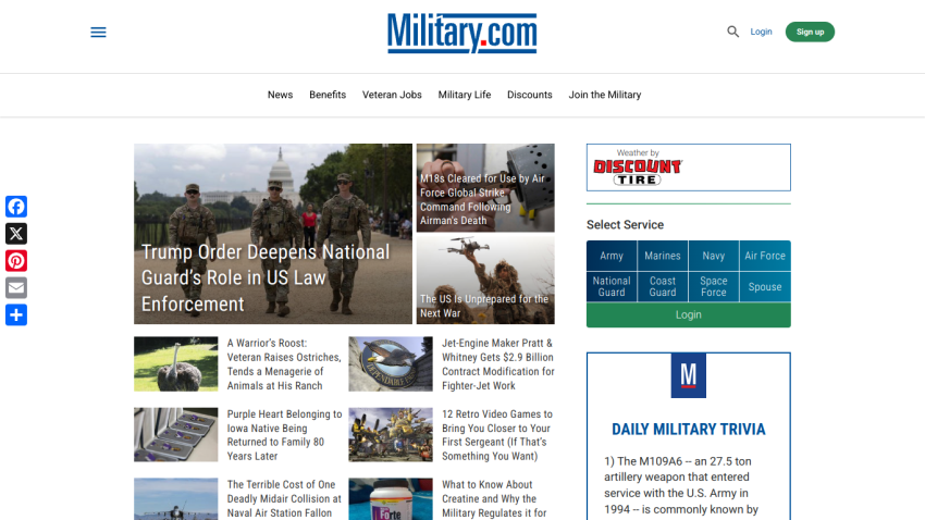 Military.com homepage featuring news articles, services, and military trivia.